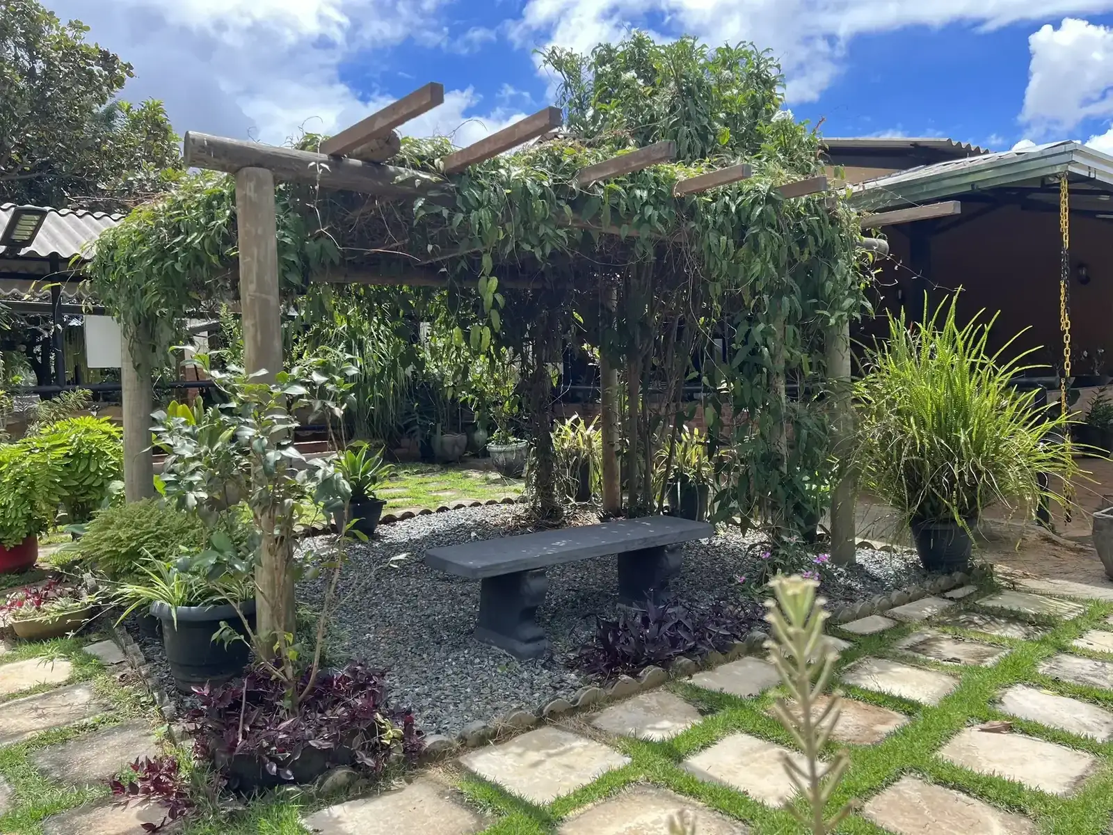 Jardim com pergolado e vegetação usado como cenário natural para ensaio fotográfico perto de Brasília